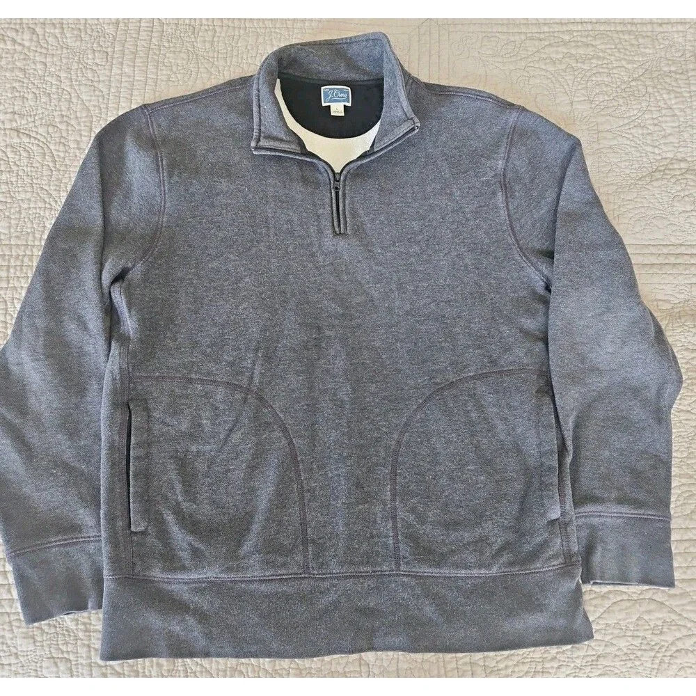 J Crew Sweater Gray Quarter Zip Cotton Pullover Men’s Large Pockets Thick